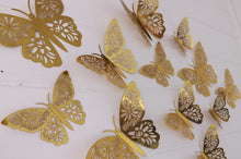 Load image into Gallery viewer, 12x Metallic Mirror Effect 3D Floral Filigree Butterfly Wall Decals (4x colour options)