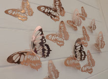 Load image into Gallery viewer, 12x Rose Gold Metallic Mirror Effect Filigree Style Butterfly 3D Wall Decals