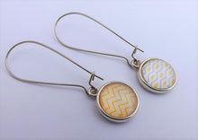 Load image into Gallery viewer, Yellow, Grey & White Double Sided Dome Earrings on Long Kidney Hooks