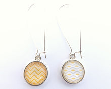 Load image into Gallery viewer, Yellow, Grey & White Double Sided Dome Earrings on Long Kidney Hooks