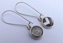 Load image into Gallery viewer, Black & White Zigzag & Circles Double Sided Dome Earrings on Long Kidney Hooks