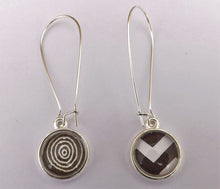 Load image into Gallery viewer, Black & White Zigzag & Circles Double Sided Dome Earrings on Long Kidney Hooks