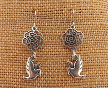 Load image into Gallery viewer, Bird & Flower Silver Tone Earrings
