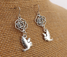 Load image into Gallery viewer, Bird & Flower Silver Tone Earrings