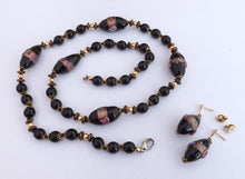 Load image into Gallery viewer, Black Bronze & Gold Tone Glass Bead Necklace & Earrings Set