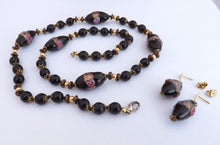 Load image into Gallery viewer, Black Bronze & Gold Tone Glass Bead Necklace & Earrings Set