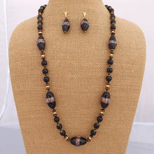 Load image into Gallery viewer, Black Bronze & Gold Tone Glass Bead Necklace & Earrings Set