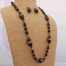 Load image into Gallery viewer, Black Bronze & Gold Tone Glass Bead Necklace & Earrings Set