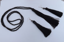Load image into Gallery viewer, Black Tassel & Crystal Cut Beads, Necklace & Earrings Set