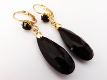 Load image into Gallery viewer, Black & Gold Tone Faceted Teardrop Earrings with Lever Back Hook