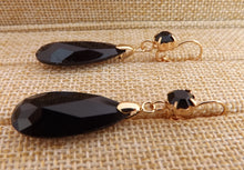 Load image into Gallery viewer, Black & Gold Tone Faceted Teardrop Earrings with Lever Back Hook