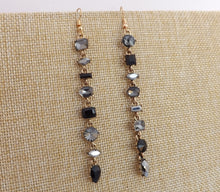 Load image into Gallery viewer, Black & Grey Rhinestones, Gold Tone Long Drop Earrings