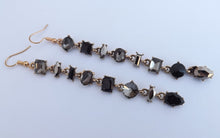 Load image into Gallery viewer, Black & Grey Rhinestones, Gold Tone Long Drop Earrings
