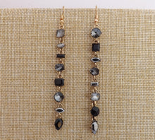 Load image into Gallery viewer, Black & Grey Rhinestones, Gold Tone Long Drop Earrings