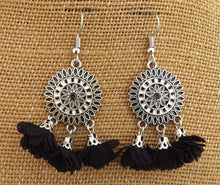 Load image into Gallery viewer, Silver Tone Chandelier Earrings with Flower Posy Tassel Drops (multiple colour options)