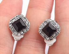 Load image into Gallery viewer, Black & Silver Tone Diamantes Square Clip On Earrings