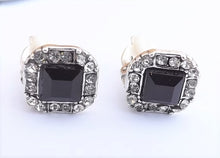 Load image into Gallery viewer, Black & Silver Tone Diamantes Square Clip On Earrings