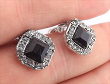 Load image into Gallery viewer, Black & Silver Tone Diamantes Square Clip On Earrings