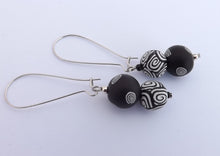 Load image into Gallery viewer, Black & White Spirals Kathryn Design Bead Earrings on Long Kidney Hooks