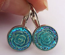 Load image into Gallery viewer, Light Blue 3D AB Lustre Flower Earrings on Lever Back Hooks