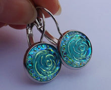 Load image into Gallery viewer, Light Blue 3D AB Lustre Flower Earrings on Lever Back Hooks