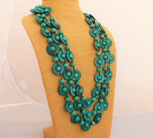 Load image into Gallery viewer, Blue Chunky Triple Strand Wooden Bead Necklace on Black Cord