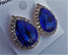 Load image into Gallery viewer, Blue, Gold Tone & Silver Diamante Teardrop Clip On Earrings