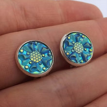 Load image into Gallery viewer, Blue Gold Lustre Flower Handmade Clip on Earrings