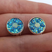 Load image into Gallery viewer, Blue Gold Lustre Flower Handmade Clip on Earrings