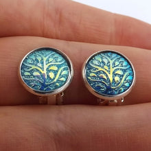 Load image into Gallery viewer, Blue, Gold & Black Swirl Handmade Clip on Earrings