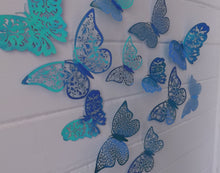 Load image into Gallery viewer, 12x Blue Gold Sheen Butterfly 3D Wall Decals