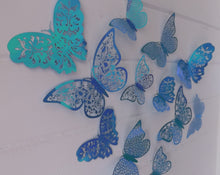 Load image into Gallery viewer, 12x Blue Gold Sheen Butterfly 3D Wall Decals