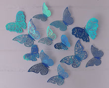Load image into Gallery viewer, 12x Blue Gold Sheen Butterfly 3D Wall Decals