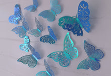Load image into Gallery viewer, 12x Blue Gold Sheen Butterfly 3D Wall Decals