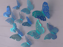 Load image into Gallery viewer, 12x Blue Gold Sheen Butterfly 3D Wall Decals