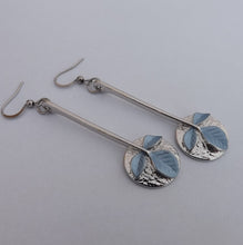 Load image into Gallery viewer, Blue Leaves on Silver Tone Circle Long Drop Earrings