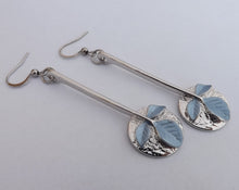 Load image into Gallery viewer, Blue Leaves on Silver Tone Circle Long Drop Earrings