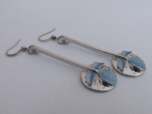 Load image into Gallery viewer, Blue Leaves on Silver Tone Circle Long Drop Earrings