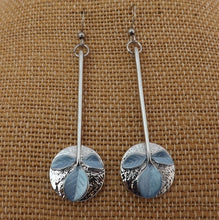 Load image into Gallery viewer, Blue Leaves on Silver Tone Circle Long Drop Earrings