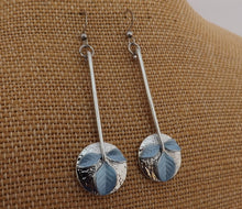 Load image into Gallery viewer, Blue Leaves on Silver Tone Circle Long Drop Earrings