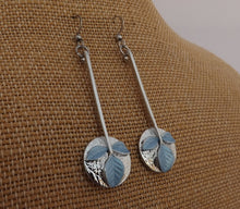 Load image into Gallery viewer, Blue Leaves on Silver Tone Circle Long Drop Earrings
