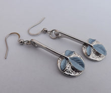 Load image into Gallery viewer, Blue Leaves on Silver Tone Circle, Drop Earrings