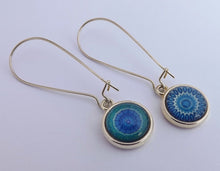 Load image into Gallery viewer, Blue Pattern Double Sided Dome Earrings on Long Kidney Hooks