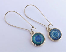 Load image into Gallery viewer, Blue Pattern Double Sided Dome Earrings on Long Kidney Hooks