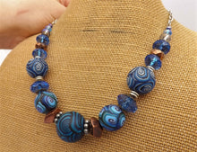 Load image into Gallery viewer, Blue, Black & Bronze Chunky Kathryn Design Bead Necklace with Chain