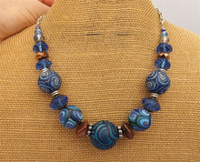 Load image into Gallery viewer, Blue, Black & Bronze Chunky Kathryn Design Bead Necklace with Chain