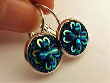 Load image into Gallery viewer, Blue & Black AB Lustre Flower Earrings on Lever Back Hooks