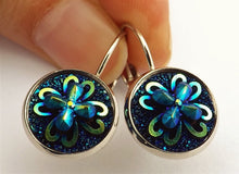 Load image into Gallery viewer, Blue & Black AB Lustre Flower Earrings on Lever Back Hooks