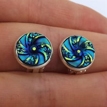Load image into Gallery viewer, Blue, Gold & Black Swirl Dome Handmade Clip on Earrings