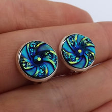 Load image into Gallery viewer, Blue, Gold & Black Swirl Dome Handmade Clip on Earrings